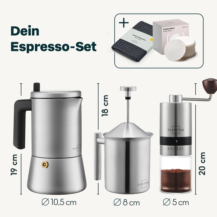 Espressokocher mit Kaffeemühle & Milchaufschäumer
